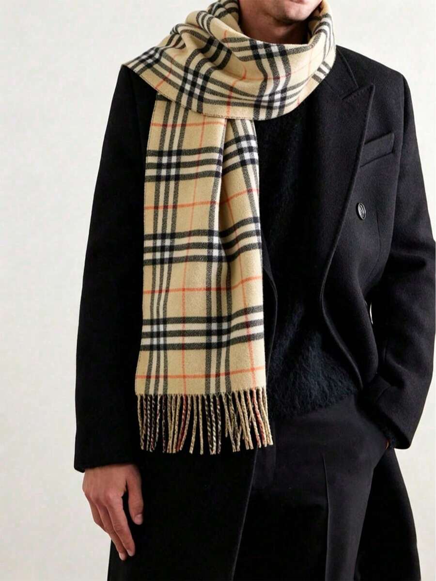 1pc Universal Multi-Color Plaid Tassel Knit Scarf, Warm & Fashionable, Suitable For Autumn/Winter, Unisex - Multicolor - View 1