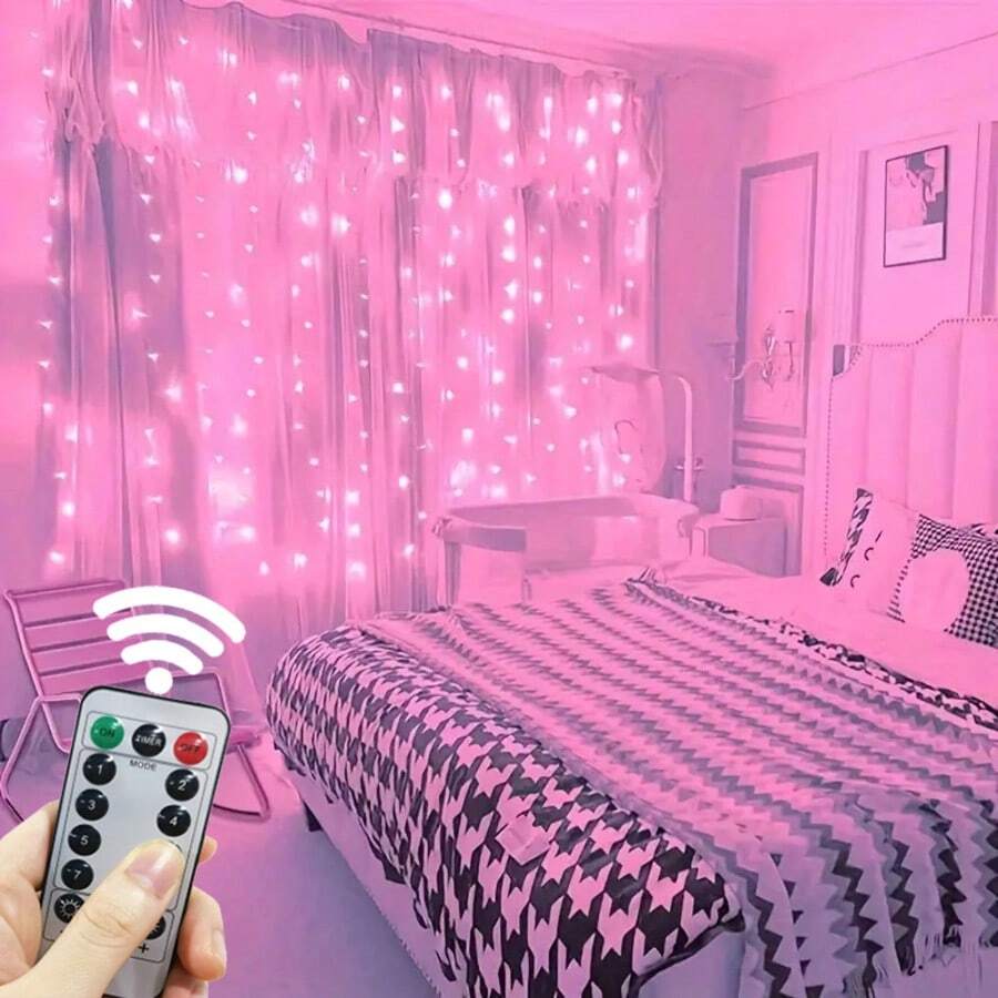 300 LED Pink Fairy Curtain Lights With Remote Control, USB Powered, 118"X118", 8 Modes, Infrared Sensor, Perfect For Bedroom, Christmas, Halloween, Weddings Decor - Batteries Not Included, Bedroom Ambiance Lights | USB Powered LED Lights