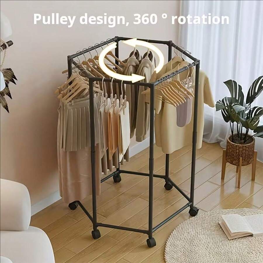 1 Set 360° Rotating Hexagonal Clothes Drying Rack, Space-Saving Heavy-Duty Mobile Garment Rack, Foldable Clothing Storage Rack, Sturdy Metal Frame Hanging Rack, Self-Standing Vertical Portable Wardrobe, Suitable For Drying And Storing Clothes, Pants, Socks, Etc., For Laundry Room, Home Storage, Small Spaces, Bedroom, Dorm, Also Suitable For Autumn Promotion, Halloween And Christmas Events