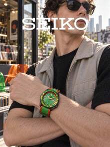 Seiko Men's Sports Automatic Watch Street‑Style Green‑Yellow Crackle‑Pattern Bezel Swirl‑Textured Dial Day‑Date Window Green‑Red Striped Nato Strap - Green - View 3