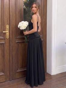 Solid Color Elegant Party Knit Fabric Backless Asymmetric Dress, Suitable For Vacation, Date, Bachelorette Party, Back To School Party, Summer - Black - View 4