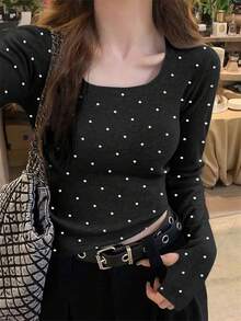 Autumn/Winter Sweet Cute Large Scoop Neck Apricot Polka Dot Women's Sweater - Black - View 2