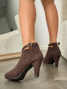 Women's Versatile Autumn/Winter Commute Elegant Suede Ankle Boots, Chunky High Heel Boots For Party And Date - Rust Brown - View 5