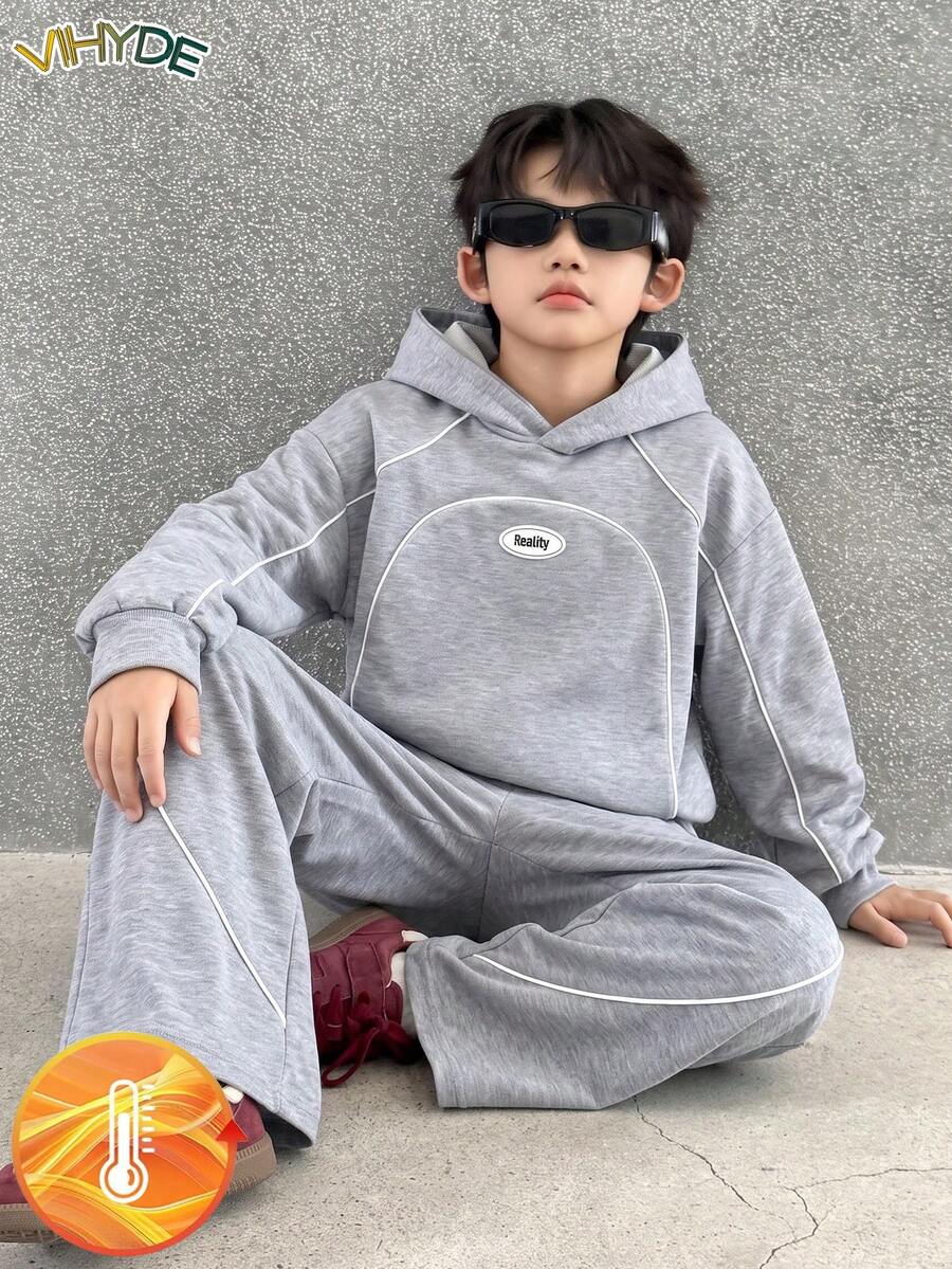 Vihyde Tween Boys American Street Style Denim Trim Double Layer Hooded Sweatshirt & Wide Leg Pants Casual Sports Two Pieces Set Fall Outfits - Grey - View 1