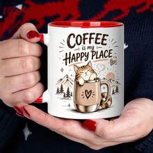 Cat Coffee Lover Coffee Mug, Coffee Is My Happy Place Cute Kitten Graphic Ceramic Cup, Novelty Gift For Cat Enthusiast Coffee Addict Birthday Holiday Present - Multicolor - View 10