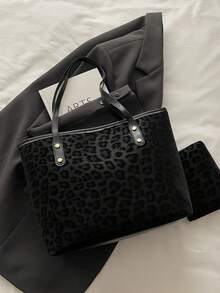 2pcs Leopard Print Handbag Set With Double Handles, Fashion Design, Suitable For Business Casual, Commuting, Back To School And Vacation Travel. Women's Tote Bag, Black Bag - Black - View 9