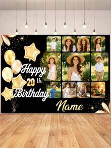1pc Customizable Photo Name Age Black Gold Glitter Balloon Happy Birthday Banner Backdrop, Gold Glitter Sequin Star Balloon Pattern Design, Suitable For Birthday, Adult Ceremony, Party, Gift, Anniversary And Other Party Background Decoration Photography Prop, Vinyl Material - Black - View 3