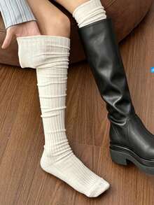 1 Pair Women's Vertical Striped Slouch Over-The-Knee Socks, Solid Color Roll-Up Knit Thigh High Socks, Elastic Soft Long Tube Boots Socks For Daily Wear - White - View 1