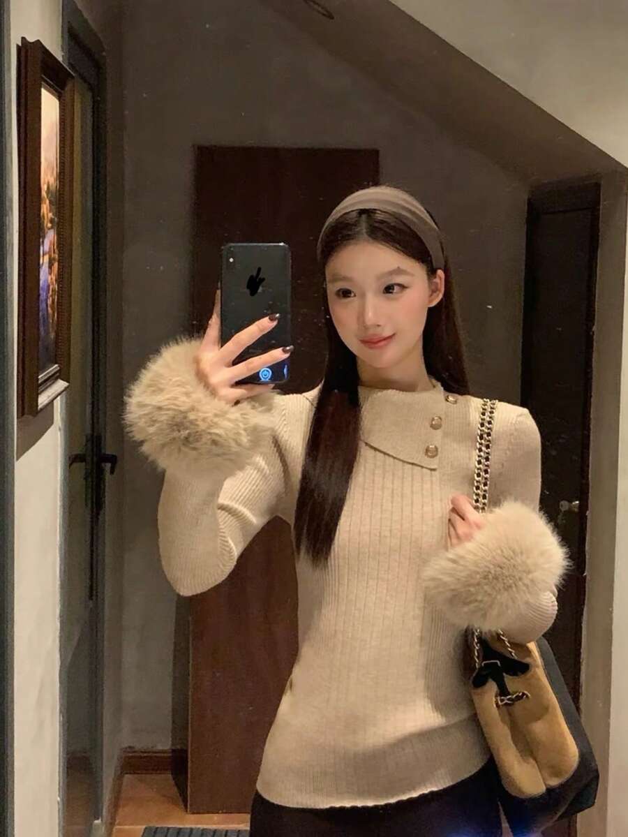 Women's 2026 New Winter Lazy High-End Design Slim Fit Knit Sweater - Khaki - View 1