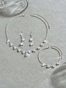 1 Set Women's Rhinestone Silver Crystal Necklace, Earrings, Bracelet Jewelry Set Suitable For Bride, Evening Party - Silver-n1190 - View 5