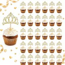 12/24pcs Gold Princess Crown Cupcake Toppers Cake Picks For Birthday Baby Shower Party Decorations - Multicolor - View 3