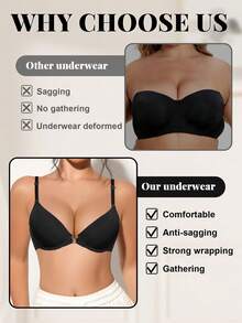 Women's Black Butterfly Lace Hollow Y-Back Bra, Front Closure Sexy Lingerie, Adjustable Spaghetti Strap, Seamless Underwear For Backless Tops - Black - View 5