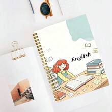 A5 Cartoon Girl Study English Golden Spiral Notebook 100 Pages Kawaii Desk Book Doodle Wire Bound Notepad, Girly Aesthetic Journal For School Gift - Lined Notebook - View 2