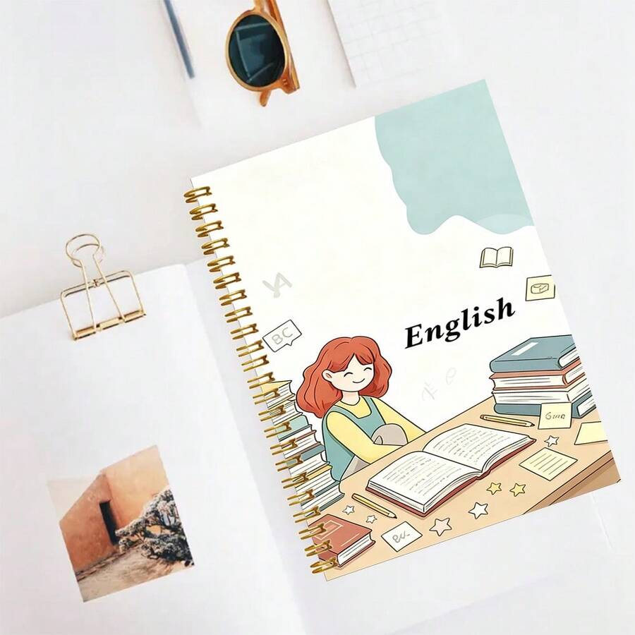 A5 Cartoon Girl Study English Golden Spiral Notebook 100 Pages Kawaii Desk Book Doodle Wire Bound Notepad, Girly Aesthetic Journal For School Gift