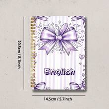 A5 Purple Bow English Golden Spiral Notebook 100 Pages Pastel Stripe Heart Wire Bound Notepad, Girly Cute Student Aesthetic Journal For School Gift - Lined Notebook - View 3