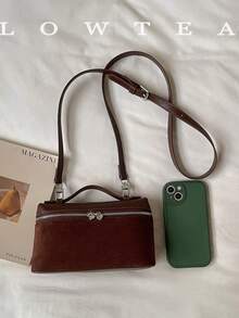 low tea 1pc Box-Shaped Suede Fabric Handbag With Adjustable Shoulder Strap, Suitable For Commuting, Shopping And More - Coffee - View 4