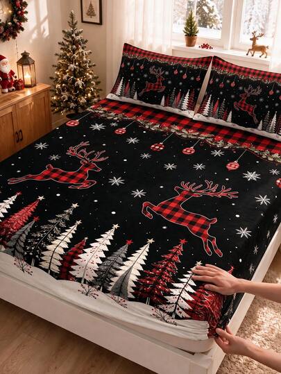 3pcs Christmas Theme Printed Bedding Set, (1PC Fitted Sheet + 2pcs Pillowcases, Without Pillow Inserts,) Polyester Digital Print, Red & Black Plaid Christmas Reindeer Pattern Bedroom Supplies, Machine Washable, Bedroom Holiday Home Textile Products