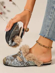 2026 Autumn/Winter Vintage Women's Closed-Toe Mule Slippers, Jacquard Fabric Faux Fur With Rhinestone Decor, Slip-On Warm Non-Chafing, Home Commute Daily Streetwear - Brownish Green - View 2
