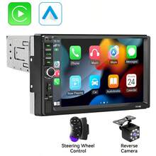 7 吋單 DIN 車用音響，有線 Apple CarPlay 與 Android 螢幕投影，MP5 多媒體汽車收音機，藍牙 FM USB AUX，12V 車載主機 - 主機 + SWC 線材 + 8 顆 LED 後視鏡頭 - 查看 1