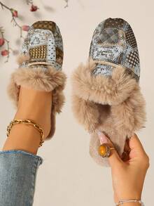 2026 Autumn/Winter Vintage Women's Closed-Toe Mule Slippers, Jacquard Fabric Faux Fur With Rhinestone Decor, Slip-On Warm Non-Chafing, Home Commute Daily Streetwear - Brownish Green - View 7