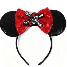 1pc Disney Minnie Ear Headband, Black Sequin Material With Red Bow Decor, Skull And Crossbones Pattern On Top. Designed For Pirate Adventure Theme Park, Perfect For Women To Express Pirate Style And Adventurous Spirit - Multicolor - View 7