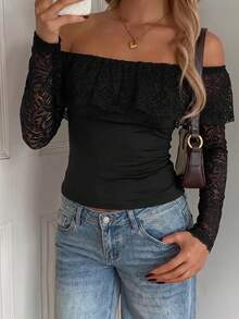 SCARLUX Women Off Shoulder Ruffled Lace Long Sleeve Top,Slim Fit Ruched Solid Black Blouse,Fall Winter Elegant Homecoming Daily Party Streetwear - Black - View 4