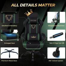 Fabric Gaming Chair With Footrest, Ergonomic Computer Desk Chair With Pocket Spring Cushion Home Office High Back Lumbar Support Heavy Duty Wide - Green - View 6