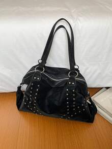 Tas Tote Dekorasi Rivet Vintage, Tekstur Usang, Kapasitas Besar, Tas Bahu, Tas Genggam, Tas Selempang, Untuk Perjalanan Sehari-hari, Tas Kasual Wanita - MultiWarna - View 2
