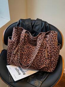 New Vintage Casual Leopard-Print Multi-Pocket Shoulder Tote Bag: Versatile, Large-Capacity Handbag For Fall/Winter-Perfect For Commuting And College - Brown - View 9