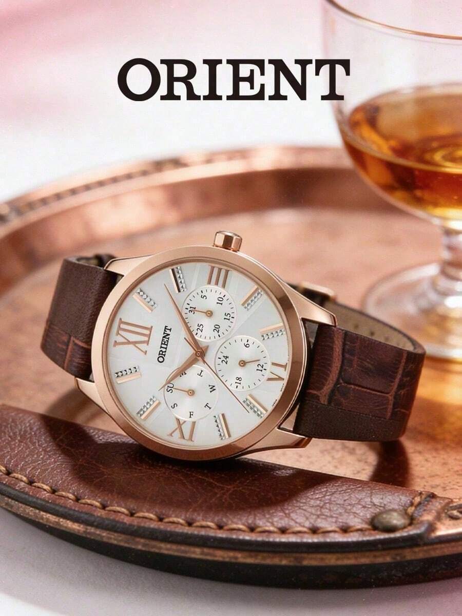 Orient Rose Gold Mother Of Pearl Dial Women's Quartz Watch, Vintage Brown Embossed Leather Strap, Roman Numeral Hour Markers - Brown - View 1