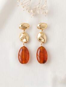 1 Pair Vintage Amber Oval Pendant Earrings, Multi-Layered Asymmetrical Dangle Design, Creative Long Drop Earrings, Suitable For Daily Wear, Holiday Gifts, Party And Banquet Jewelry - Yellow Gold - View 2