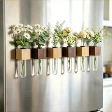 2/4/6/8pcs Wall-Mounted Test Tube Vase Set, Solid Wood Base With Plastic Round Tubes, Wall-Mounted Refrigerator Flower Rack, Suitable For Small Flowers And Green Plants, Home Kitchen Decoration - Multicolor - View 6