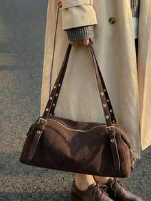 1pc Faux Suede Handbag With Gold Hardware, Convertible Tote Bag & Shoulder Bag, Zipper Closure, Vintage Casual Style, Suitable For Autumn/Winter Commute, Date, Shopping - Coffee - View 3
