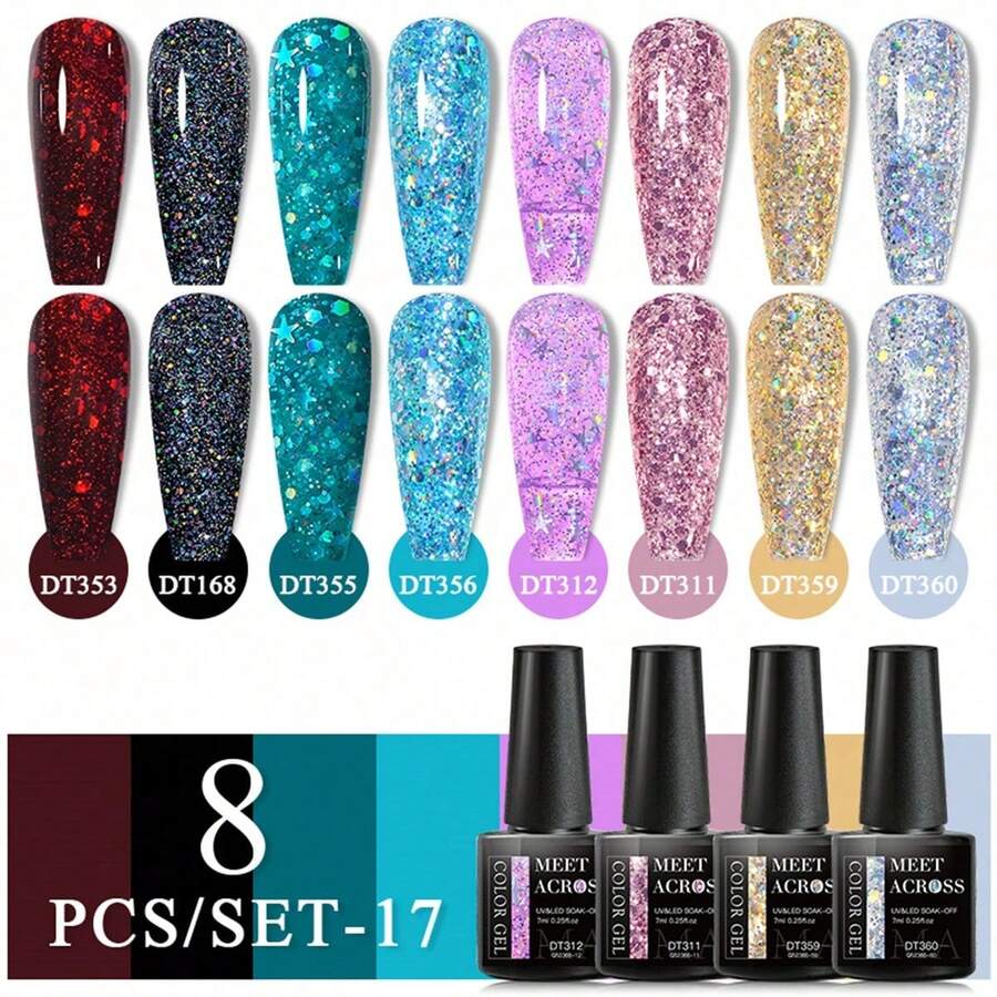 Set de 8 piezas de esmalte de uñas en gel azul, semi-permanente, de remojo, híbrido de/LED, barnices, base, top coat, kit de arte de uñas, manicura de salón, diseño y decoración de uñas en gel para hacer en casa - Multicolor 2 - Ver 1