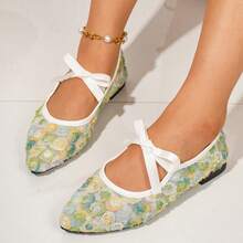 Spring/Autumn Pointed Toe Low-Top White Satin Bow Mesh Flat Ballet Shoes For Women, Comfortable And Versatile, Suitable For Commuting, Dating, Office - Sprout Green - View 3