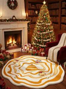Round Burgundy Christmas Tufted Rug Checkered Border Snowman Gingerbread Gift Candy Cane Plush Rug Wreath - Yellow - View 5