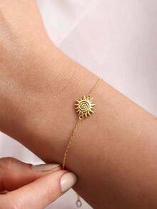 1pc Stainless Steel Waterproof Fade-Resistant Cute Gentle Sun Thin O-Link Chain Bracelet Suitable For Women's Daily Wear - Gold - View 5