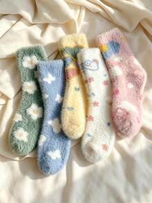 5 Pairs Women's Plush Knee-High Socks, Colorful Pattern Warm Socks, Soft And Comfortable, Suitable For Autumn/Winter, Random Colors, Halloween - Multicolor - View 7