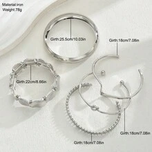 5pcs Fashion Vintage Personalized Casual Women's Stackable Bracelet Set, Minimalist Line Smooth Round Disc Elastic Unique Clasp, Suitable For Daily Casual Wear, Perfect Gift For Friends On Holidays - Silver (5pcs) - View 3