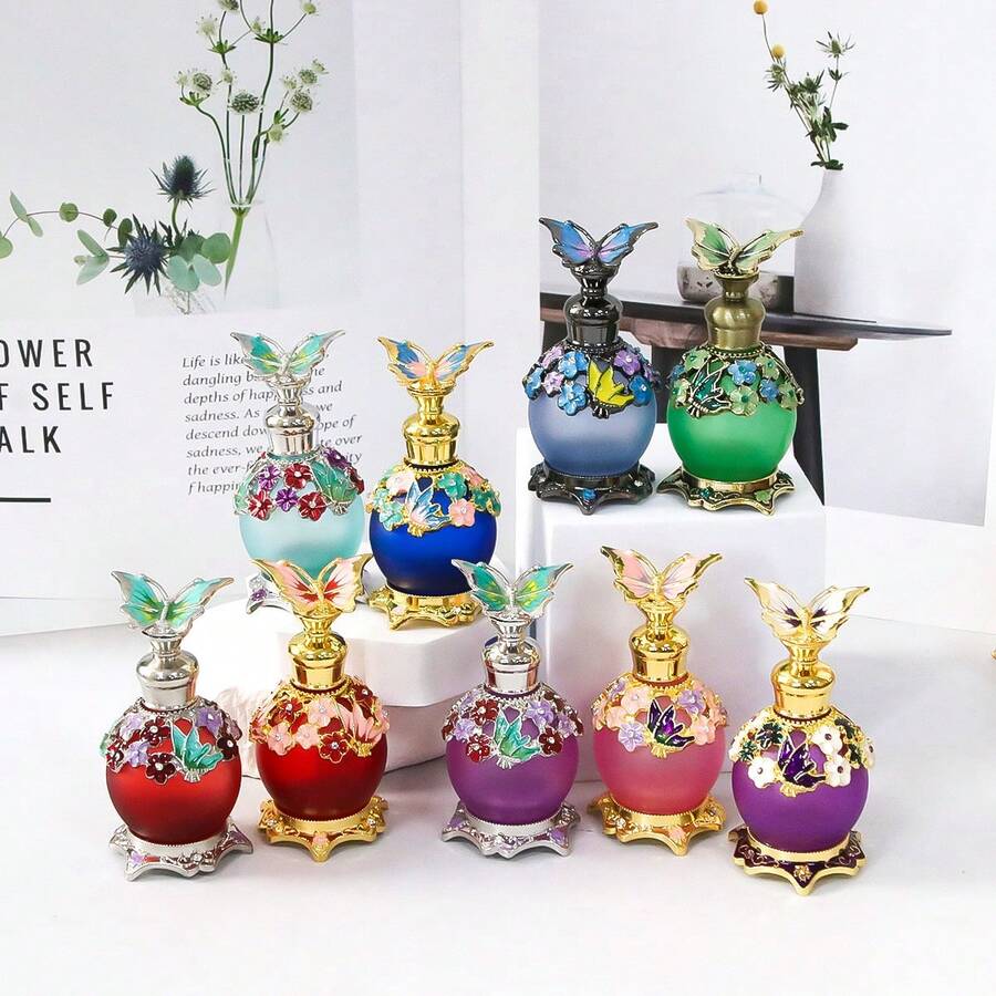 A 0.51 Oz Painted Butterfly Enamel Dropper Glass Bottle With Floral Embellishment, Refillable For Perfume And Essential Oil Storage, Portable And Reusable, Unscented, Home Decor Accessory (Empty Bottle, Unscented). - View 1