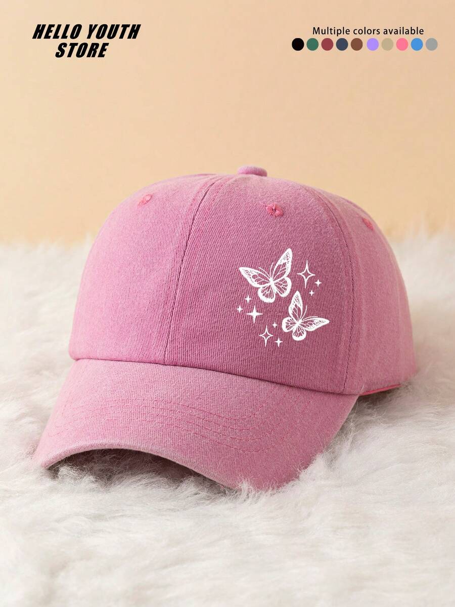 1pc Butterfly & Star Pattern Baseball Cap, Lightweight, Comfortable, Sweat-Absorbent, Sun-Protective, Multi-Functional, Washed Vintage Style, Suitable For Daily Wear And Life, Daily Outfit Decorative Hat
