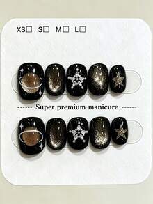 10 pcs Kuku Palsu Tempel Oval Pendek Hitam Buatan Tangan Murni, Gaya Keren Vintage Y2K, Glitter Mata Kucing Hitam-Emas, Motif Planet Bintang & Hiasan Kristal Bunga Rhinestone untuk Wanita dan Anak Perempuan, Penggunaan Festival Pesta dan Kehidupan Sehari-hari Musim Semi Panas Gugur Dingin - Hitam - View 1