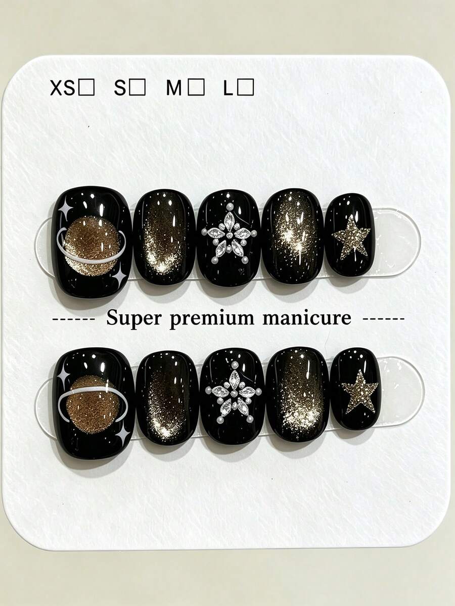 10 pcs Kuku Palsu Tempel Oval Pendek Hitam Buatan Tangan Murni, Gaya Keren Vintage Y2K, Glitter Mata Kucing Hitam-Emas, Motif Planet Bintang & Hiasan Kristal Bunga Rhinestone untuk Wanita dan Anak Perempuan, Penggunaan Festival Pesta dan Kehidupan Sehari-hari Musim Semi Panas Gugur Dingin - Hitam - View 1