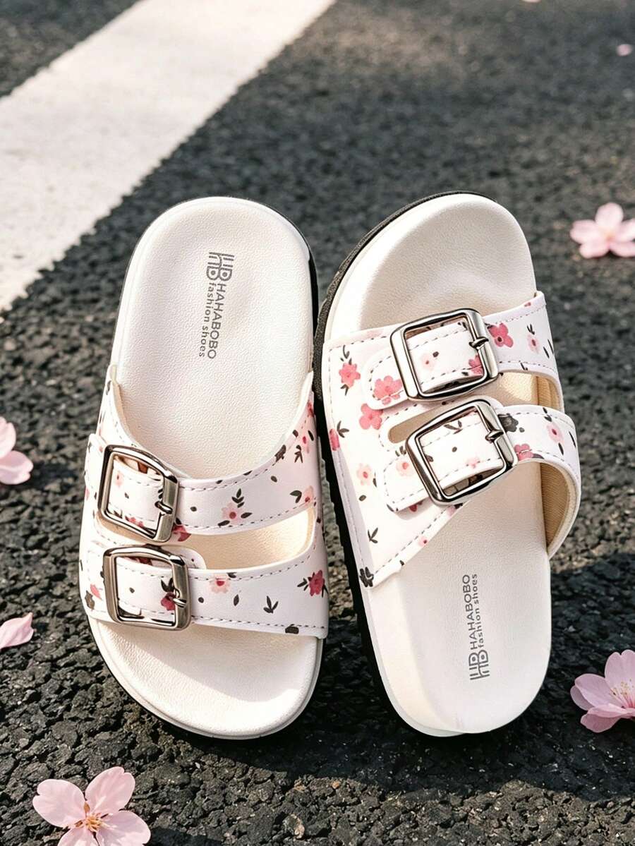 HAHABOBO 白色花卉印花兒童涼鞋 女嬰雙帶款可愛夏季童鞋 - 白色 - 查看 1