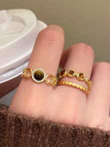 3pcs Vintage Minimalist Copper Alloy Brown Tiger Eye Open Ring Set, Suitable For Women's Daily Wear And Gatherings - Golden Yellow + Brown - View 4