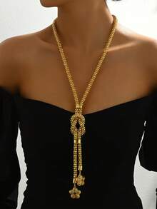 1pc Unique Vintage Chunky Chain Flower Adjustable Pull Sweater Necklace For Wedding Party - Yellow Gold - View 2