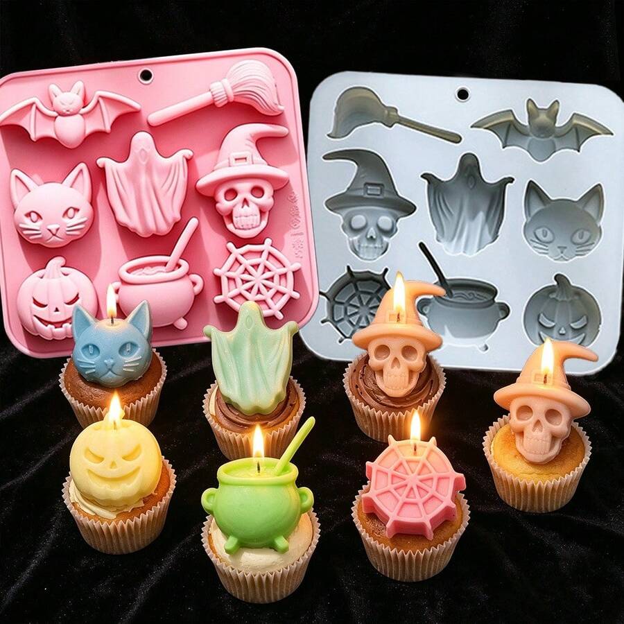 2pcs/Set Candle Making Kit 8 Cavity Halloween Silicone Candle Mold + Silicone Dropper Spooky Ghost Skull Bat Pumpkin Witch Shape DIY Casting Mould For Scented Candle Resin Soap Plaster Craft Decor Halloween Home Decor & Handmade Gift Making Tool - 1 Mold & 1 Dropper - View 1