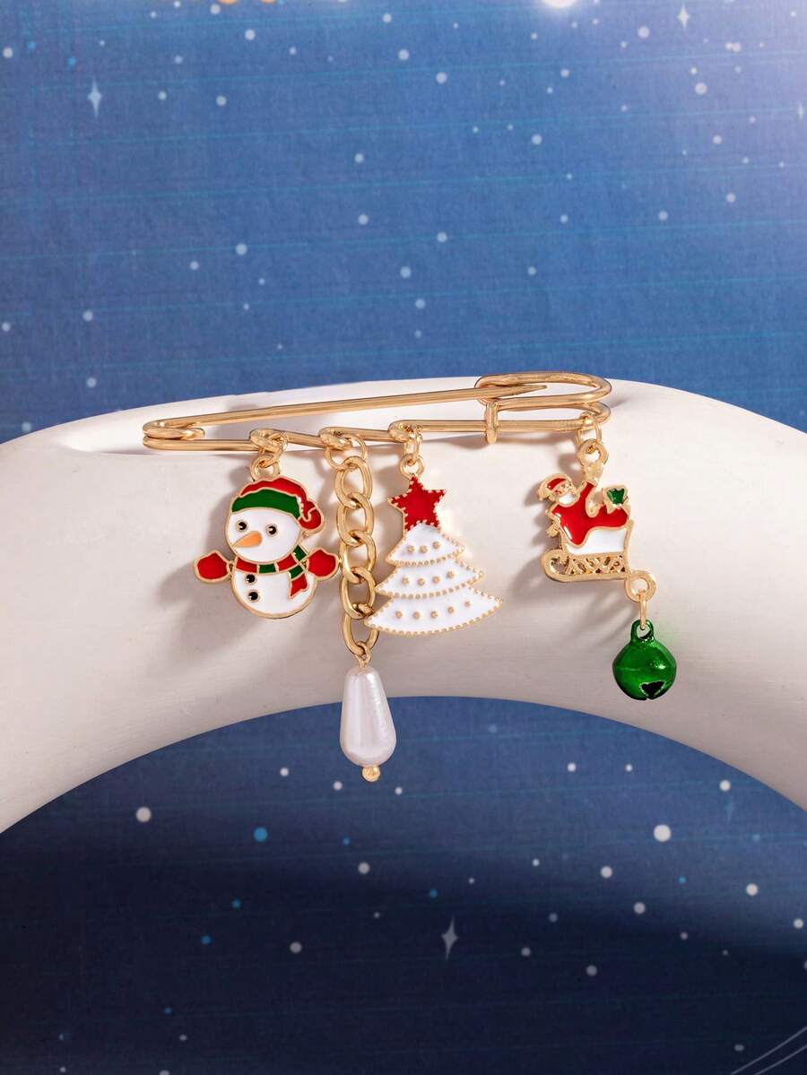 聖誕人造珍珠胸針飾品,節日裝飾雪人聖誕樹聖誕老人雪橇鈴胸針,聖誕胸針配件 - 款式9 - 查看 1