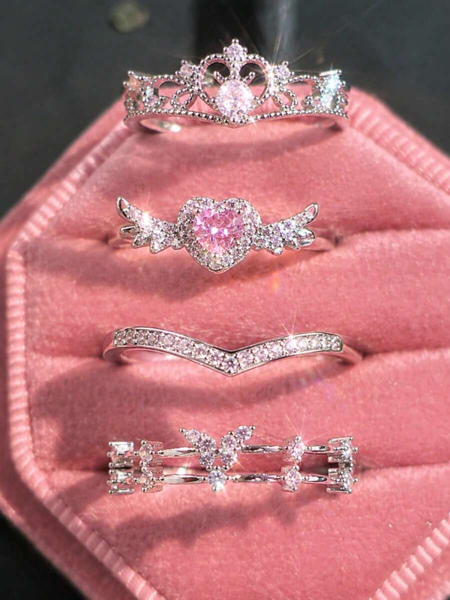 4pcs Set Premium Elegant Fashion Exquisite Shiny Unique Crown Heart Butterfly Geometric Copper Inlaid Zirconia Pink Diamond Ring Set For Women Daily Wear Holiday Party Jewelry - Multicolor - View 1