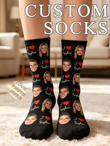 Custom Face Socks, Personalized Photo Print Crew Socks, Red Heart Pattern, Customized Gift For Boyfriend Valentine's Day Present - Black - View 9